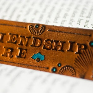 Leather bookmark Love is Friendship Set on Fire Valentines gift stamped, tooled, stained with turquoise image 2
