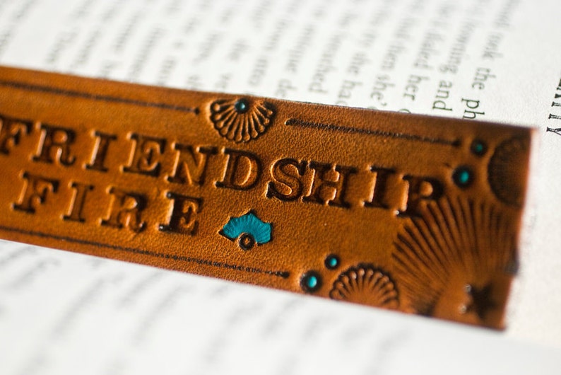 Leather bookmark Love is Friendship Set on Fire Valentines gift stamped, tooled, stained with turquoise image 2