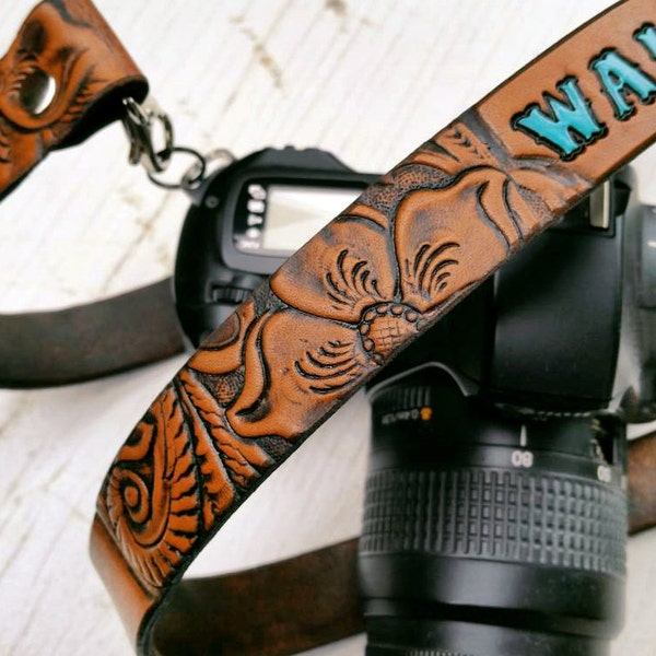 Custom Leather Camera Strap - Western Floral Pattern - Pick your stain and accent color - Personalized Father's Day - Mesa Dreams Leather