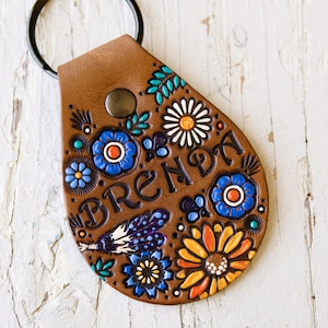 Personalized Leather Key Ring: Hand-Painted Sunflower, Boho Floral Key Fob