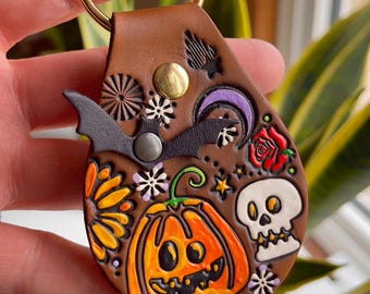 Halloween Keychain - Bats in the Night - Leather Key Fob - Spooky Mesa Dreams