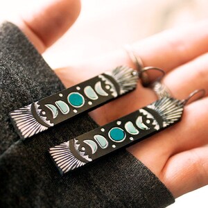 Moon Phases Leather Earrings - Long Tooled Turquoise and Black Leather - Mystical Celestial inspired jewelry