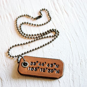 Custom Longitude and Latitude Leather Dog Tag Necklace Jewelry - GPS Coordinates - Anniversary - Father&#39;s Day - Military Deployment