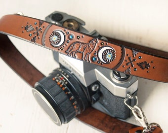 Custom Leather Camera Strap - Coyote Moon - Made to Order by Mesa Dreams - Boho Southwestern Moon Phases - Spirit Animal