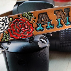 Custom Leather Camera Strap - Roses - Personalized Floral Leather - Handmade & Handpainted - Camera Straps Made to Order by Mesa Dreams