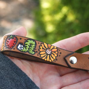 Hand Painted Leather Key Fob: Sunflower, Strawberry, Inchworm, Bumble Bee