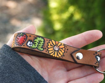 Leather Key Ring - Sunflowers, Inchworms, Strawberry, Mushroom and Bumble Bee - Summer and Autumn Painted Loop fob - Made to Order Keychain