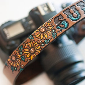 Custom Leather Camera Strap - Sunflowers- Personalized Floral Leather - Handmade & Handpainted - Camera Straps Made to Order by Mesa Dreams