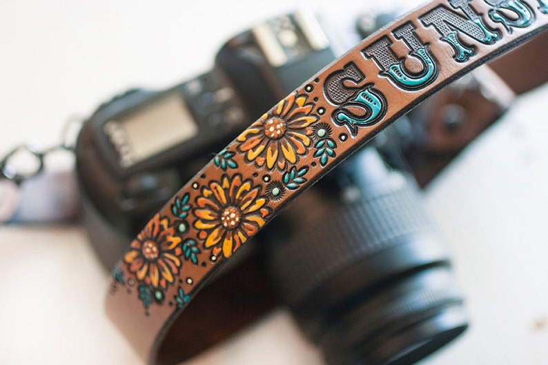 Custom Leather Camera Strap - Sunflowers- Personalized Floral Leather - Handmade & Handpainted - Camera Straps Made to Order by Mesa Dreams 