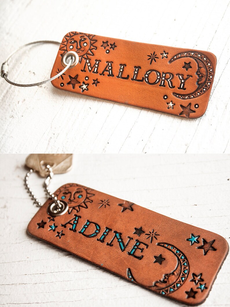 Custom Celestial leather tag Sun, Moon and stars Personalized name Bookmark, Keychain or luggage tag image 2