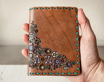 Leather Passport Cover - Custom Floral Passport Wallet - Hand Painted Flower Garden - Custom Initials - Personalized Gift for Her