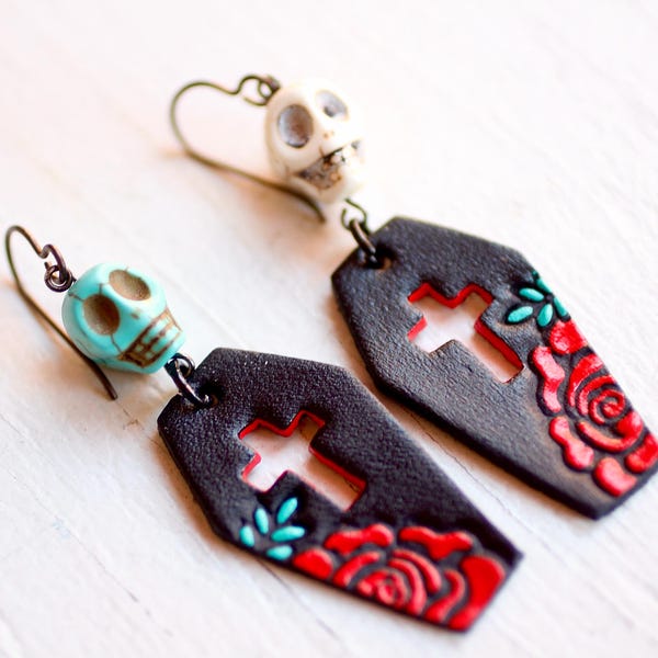 Leather Coffin Earrings - Skulls and Roses Casket - Day of the Dead - Dia de Los Muertos