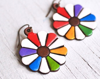 Color Wheel Leather Earrings - Pinwheel Artist Palette - rainbow - hand painted mandala earrings - Mesa Dreams