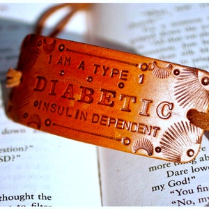 Type 1 Diabetic medical alert bracelet Insulin Dependent Unisex Hand stamped, tooled and stained leather bracelet image 1