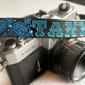 Custom Leather Camera Strap Blue Roses Personalized Floral Leather Handmade & Handpainted Camera Straps Made to Order by Mesa Dreams image 2