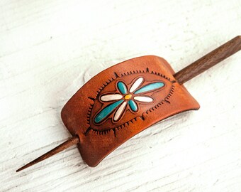 Leather Barrette and Hair Stick- Hand stamped, tooled and stained - Wood Teak Stick - Floral Turquoise and Yellow