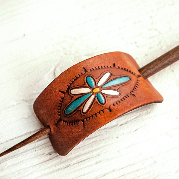 Leather Barrette and Hair Stick- Hand stamped, tooled and stained - Wood Teak Stick - Floral Turquoise and Yellow