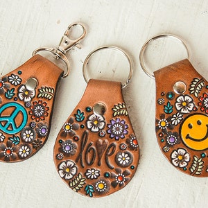 Custom initial leather key fob Floral Pattern Bag tag hand painted and hand stamped Your Choice of Keychain Shape image 3