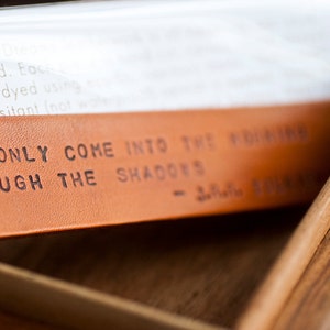 Handmade Leather Bookmark: Tolkien Quote with Suede Tassel