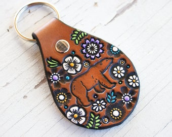 Bear and Wildflowers Leather key ring - hand painted and hand stamped - key fob - keychain gift