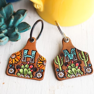 Hand-Painted Leather Initial Key Fob: Cow Tag, Cactus, Sunflower