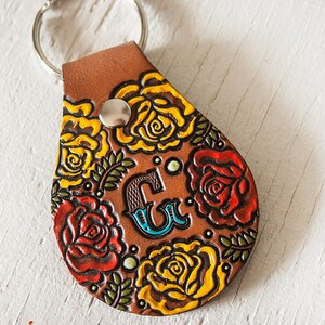 Custom initial leather key ring Rose Pattern hand painted and hand stamped Your Choice of Initial and Rose Color image 3