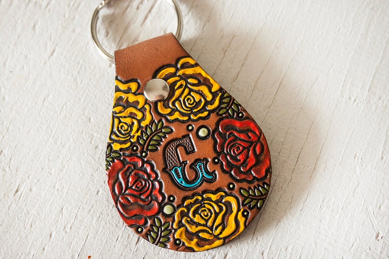 Custom initial leather key ring Rose Pattern hand painted and hand stamped Your Choice of Initial and Rose Color image 3