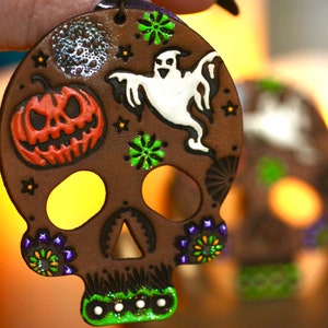 Halloween Skull Leather Earrings - Ghosts and Pumpkins - Spooky - Made to Order