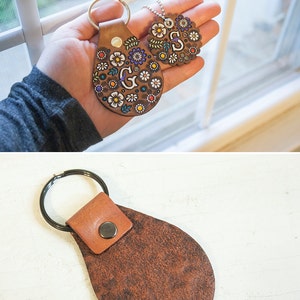 Custom initial leather key fob Floral Pattern Bag tag hand painted and hand stamped Your Choice of Keychain Shape image 4