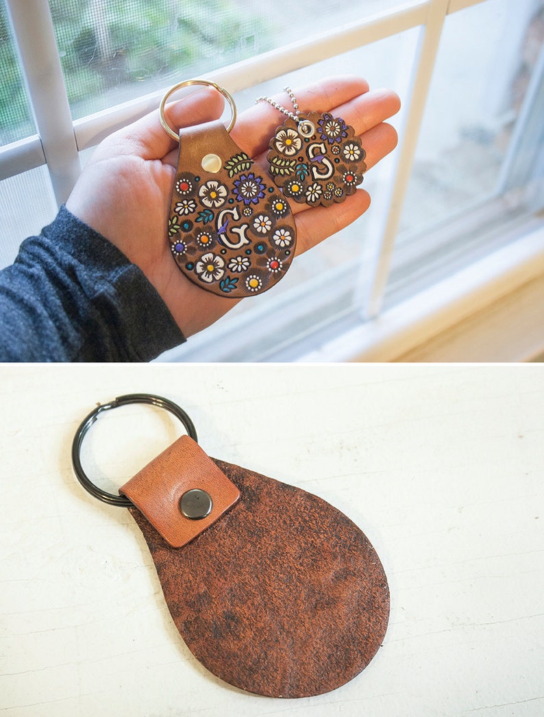 Custom Initial Leather Key Fob Floral Pattern Bag Tag Hand Etsy