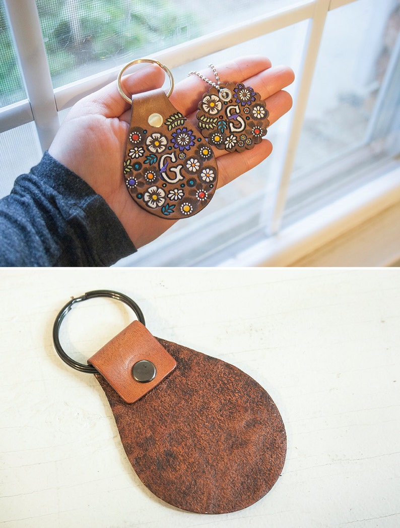 Custom initial leather key fob Floral Pattern Bag tag hand painted and hand stamped Your Choice of Keychain Shape image 4