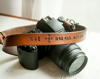 Camera Strap - Custom Leather Personalized Latitude and Longitude Coordinates, Compass Rose and Initials - Father's Day Binoculars