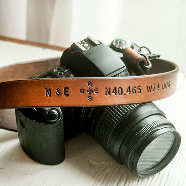 Camera Strap - Custom Leather Personalized Latitude and Longitude Coordinates, Compass Rose and Initials - Father's Day Binoculars