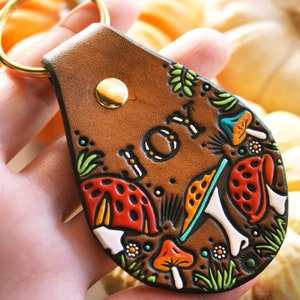 Custom initial leather key fob - Mushrooms and Daisies keychain - hand painted personalized Toadstool Mushroom Forest tag - Mesa Dreams