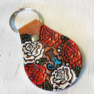 Custom initial leather key ring Rose Pattern hand painted and hand stamped Your Choice of Initial and Rose Color image 1