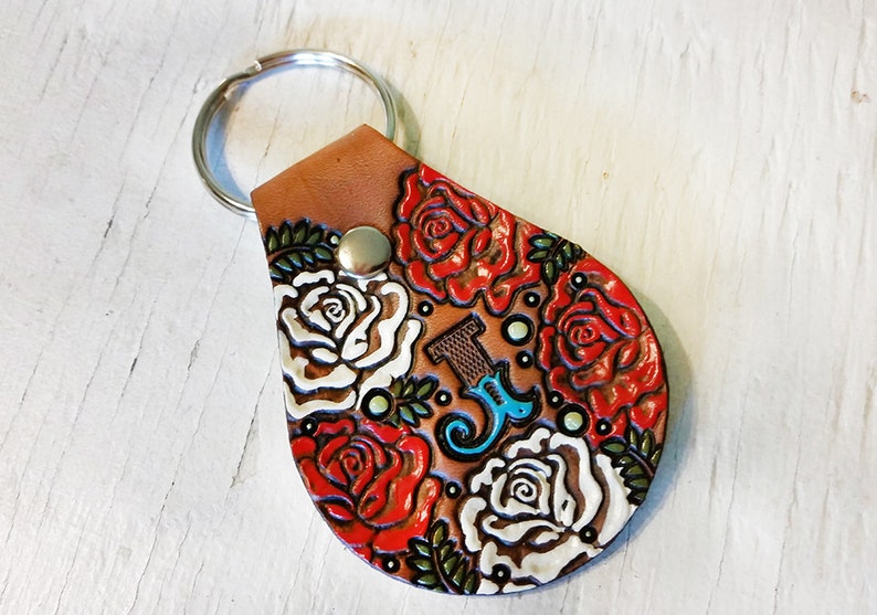 Custom initial leather key ring Rose Pattern hand painted and hand stamped Your Choice of Initial and Rose Color image 1