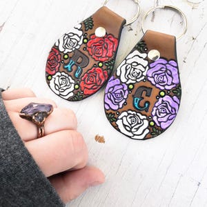 Custom initial leather key ring Rose Pattern hand painted and hand stamped Your Choice of Initial and Rose Color image 2