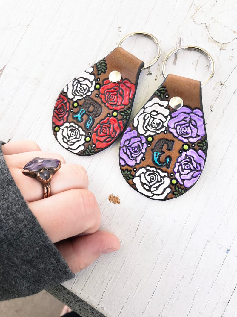 Custom initial leather key ring Rose Pattern hand painted and hand stamped Your Choice of Initial and Rose Color image 2