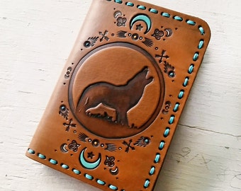 Leather Passport Cover - Wolf Moon - Southwestern Inspired Passport Wallet - Turquoise Crescent Moon - Made to Order - Travel Gift