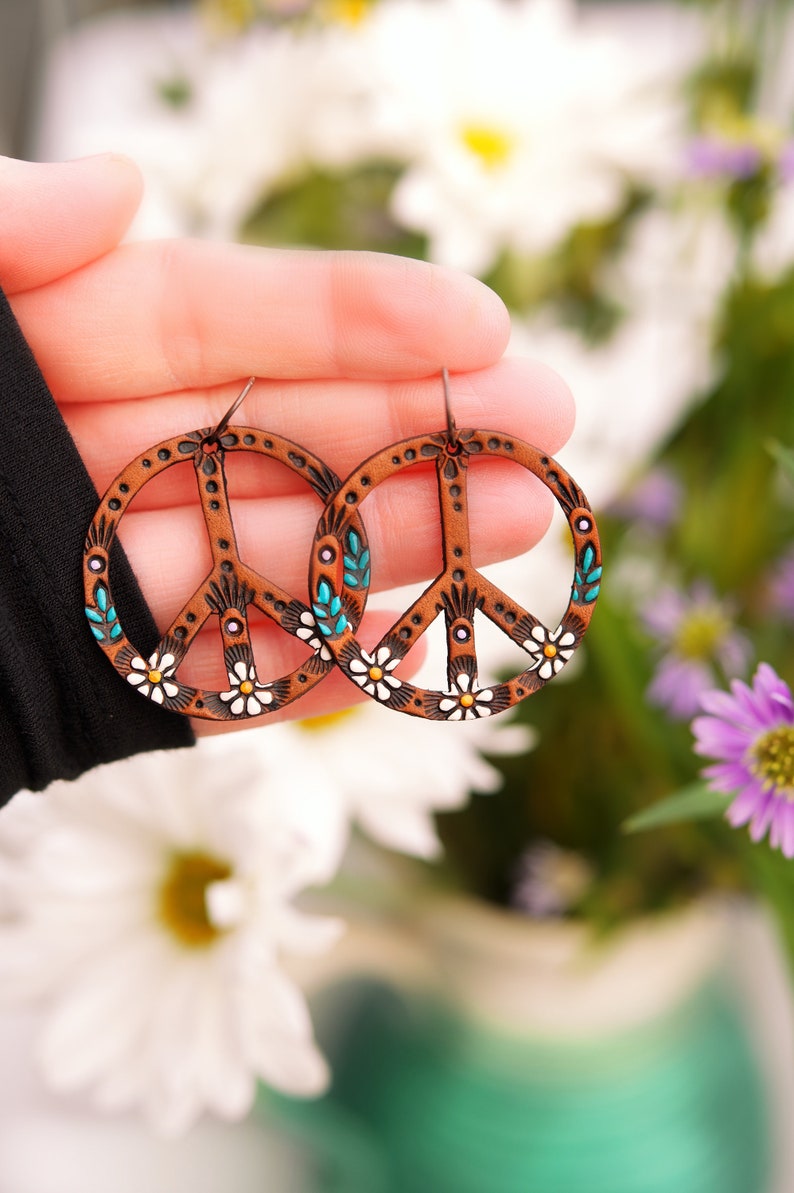 SMALLER Daisy Peace Sign Leather Earrings Hippie Flower Power dangles Hippy colorful and handpainted Made to Order by Mesa Dreams Smaller ~ 1.5"