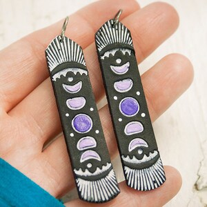 Moon Phases Leather Earrings - Long Tooled Purple, Lavender and BLACK Leather - Mystical Celestial inspired jewelry