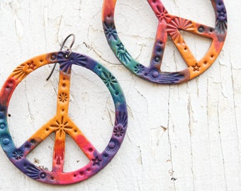 Galaxy Tie Dye Peace Sign Leather Earrings - Hippie dangles - Celestial Hippy colorful & handpainted - Made to Order by Mesa Dreams