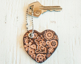 Custom initial leather key fob - natural woodland floral pattern heart bag tag - hand stamped - Your choice of initial and hardware