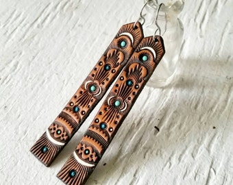 Native Sunrise Earrings - Long Tooled Turquoise and Chocolate Leather with Stainless ear wires - Southwestern inspired jewelry
