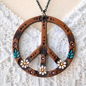 Daisy Peace Sign Leather Pendant - Necklace - Handmade and Painted to Order - Mesa Dreams