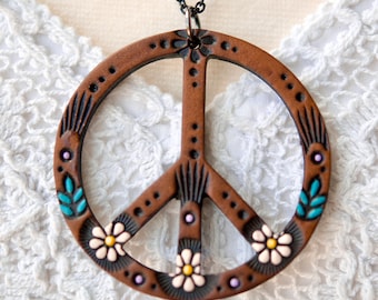 Daisy Peace Sign Leather Pendant - Necklace - Handmade and Painted to Order - Mesa Dreams