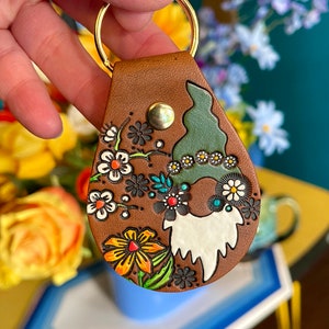 Gnome Keychain - Hand Tooled Leather Key Fob - Daisy Chain Garden Gnome with Wildflowers