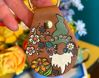 Gnome Keychain - Hand Tooled Leather Key Fob - Daisy Chain Garden Gnome with Wildflowers