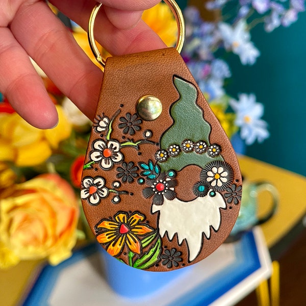 Gnome Keychain - Hand Tooled Leather Key Fob - Daisy Chain Garden Gnome with Wildflowers