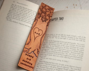 Initial Tree - Leather Bookmark - Add initials and date on this hand carved book mark - Made to Order- Leather Anniversary Gift - Valentines